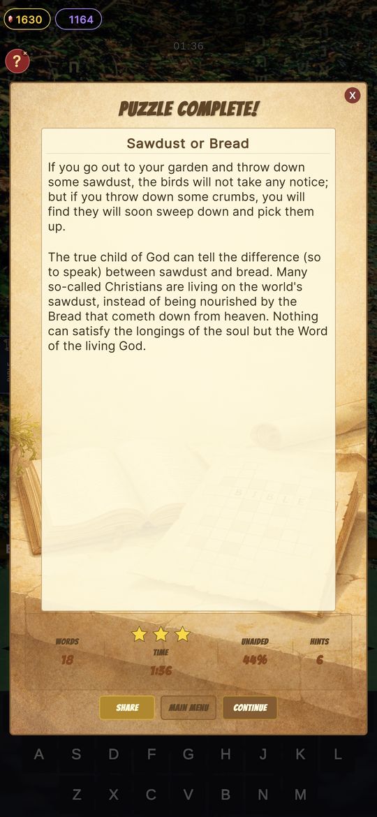 Puzzle Complete screen with a short devotion
