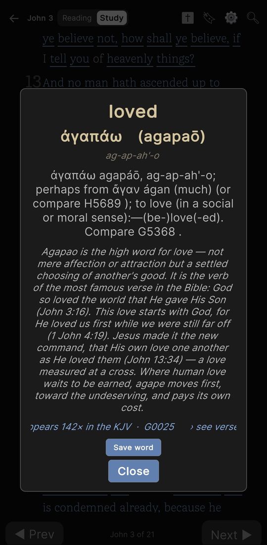 A Greek word study card for agapao, to love