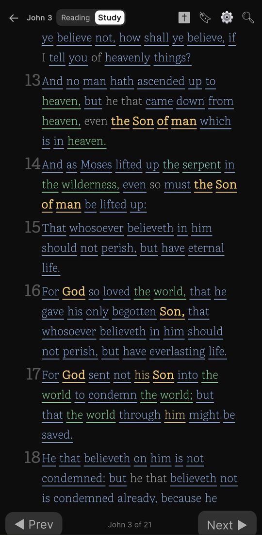 John 3 in night mode with reading lenses coloring the text